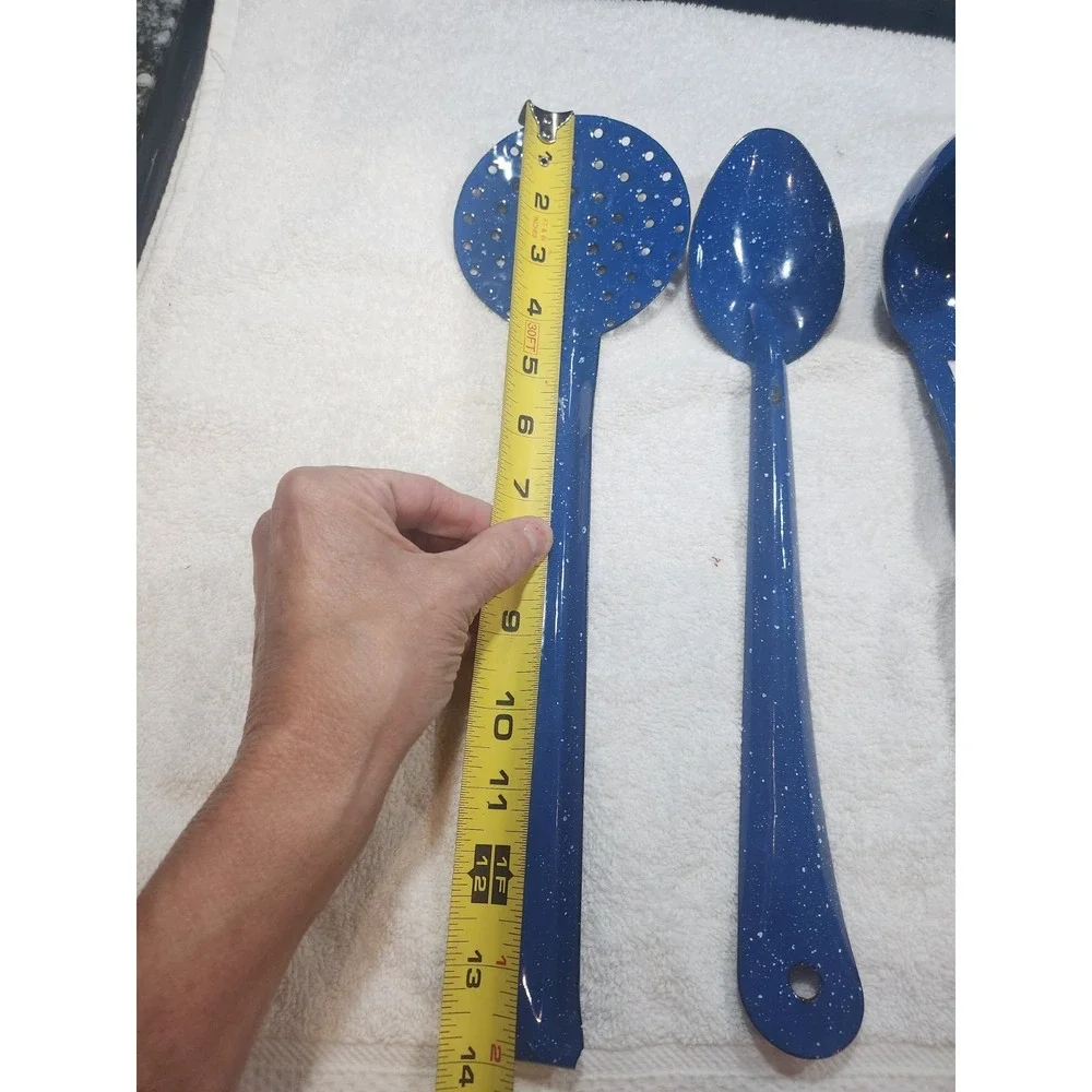 Vintage~Enamel lot~chuckwagon~blue metal splatterware~Skimmer~ Ladle~2 Spoons